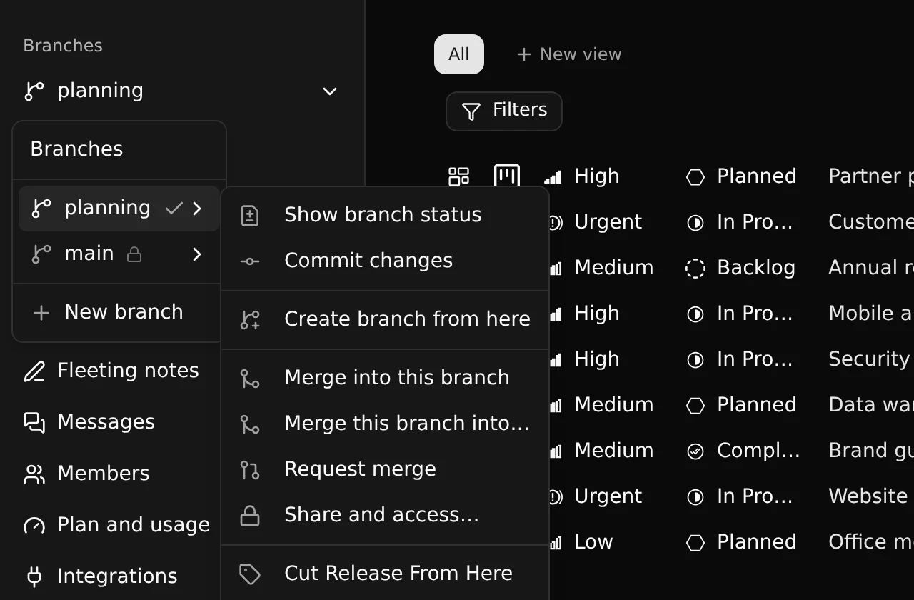 The branch menu: show status, commit, create a branch, merge, request a merge, share
