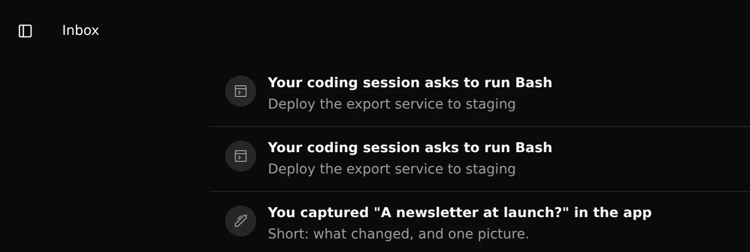 The Inbox with items from coding sessions and a captured note