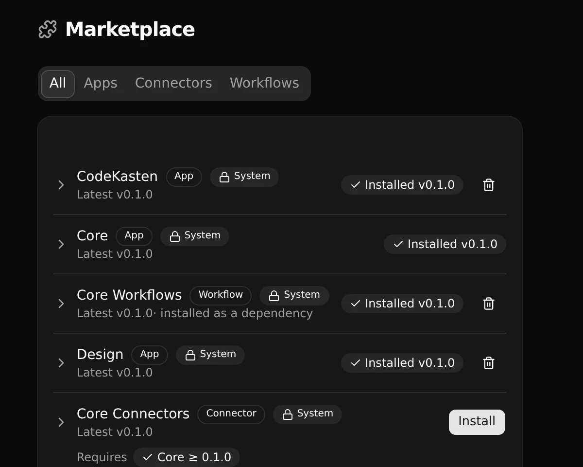 The Marketplace listing the CodeKasten, Core, Core Workflows and Design packages, each installed