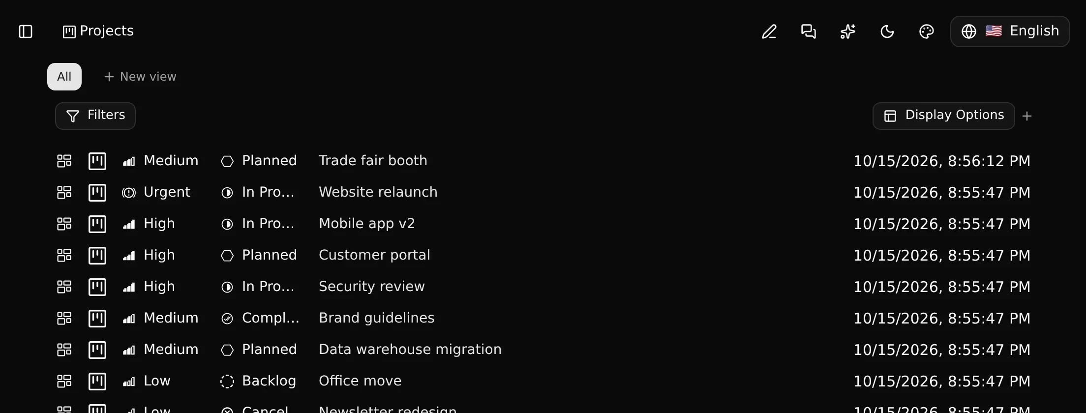 A list of projects in CodeKasten, with priority, status and name columns