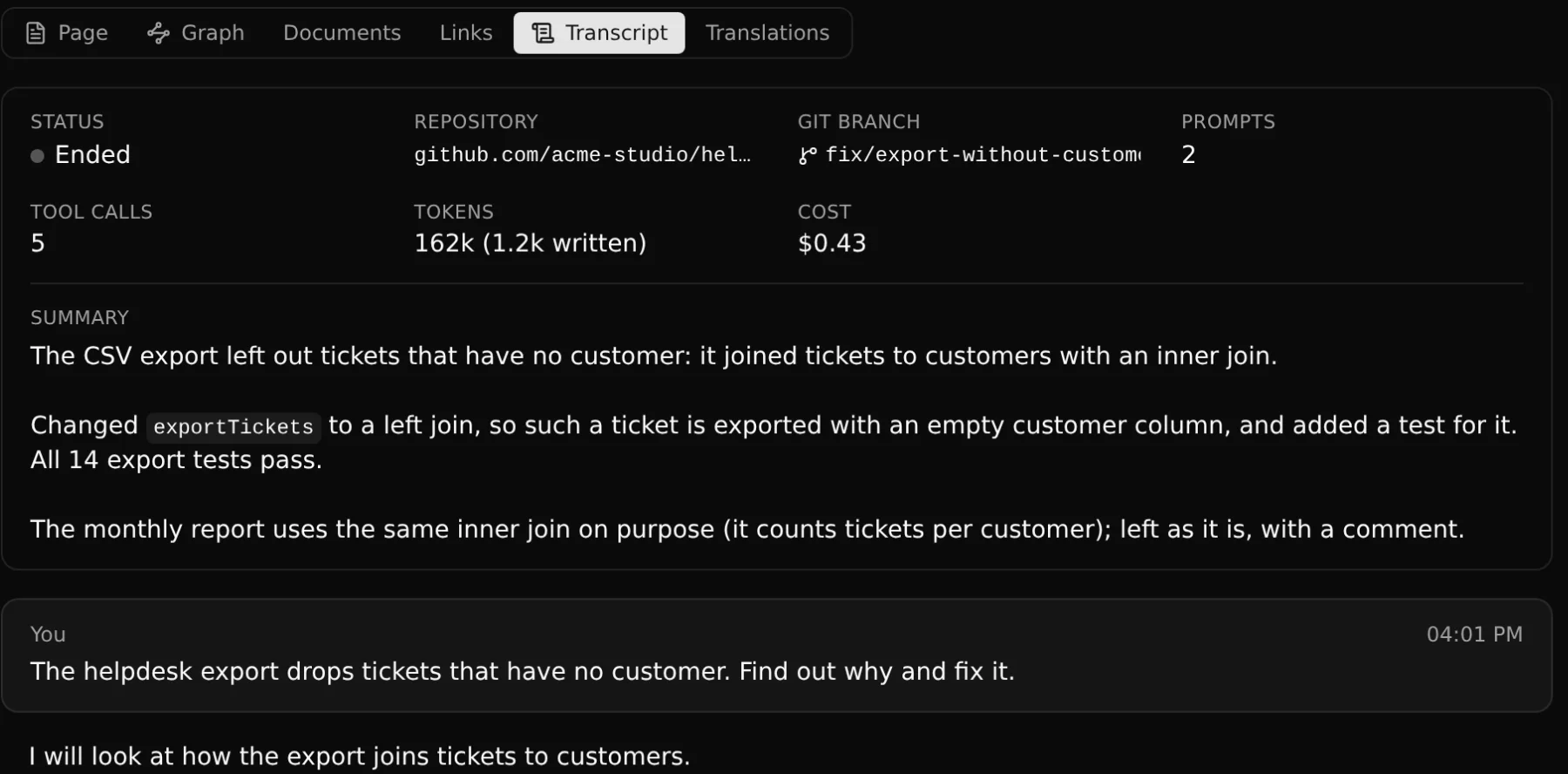 A coding session kept in CodeKasten: its repository, branch, tokens and cost, its summary, and the start of its transcript